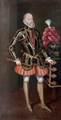 Anónimo español (Copia de época sobre modelos de Sánchez Coello). Cuadro retrato de don Felipe II, Rey de España