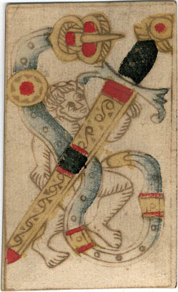 Phelippe Ayet. Juego de naipes: As de Espadas, As de Bastos, 7 de Copas y Rey de Oros. 1574