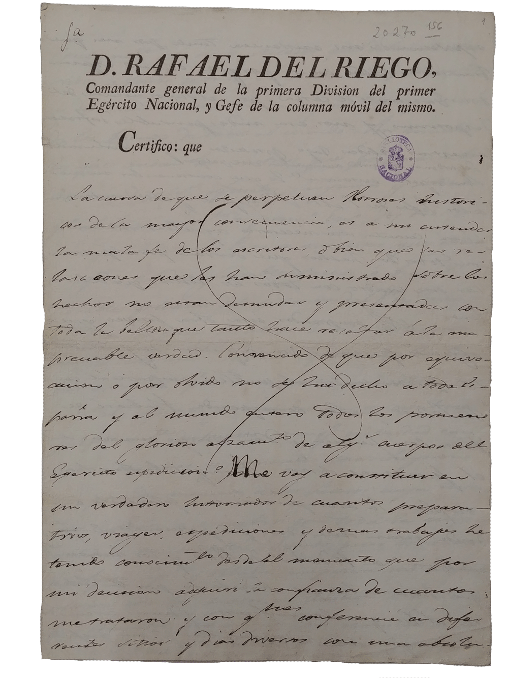 Mss/20270/156: Riego, Rafael del 1784-1823. [Memoria relacionada con el pronunciamiento del 1 de enero de 1820]