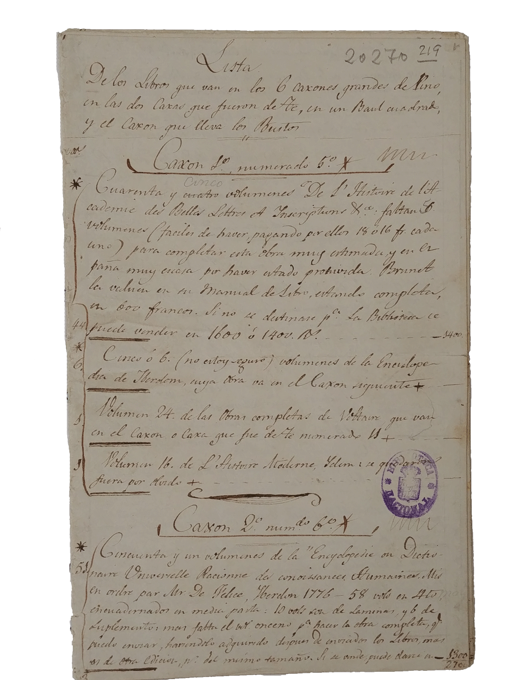 Mss/20270/219: Riego, Miguel del 1781-1846. Lista de los libros que van en los 6 caxones grandes de pino, en las dos caxas que fueron de te, en un baul cuadrado, y el caxon que lleva los bustos