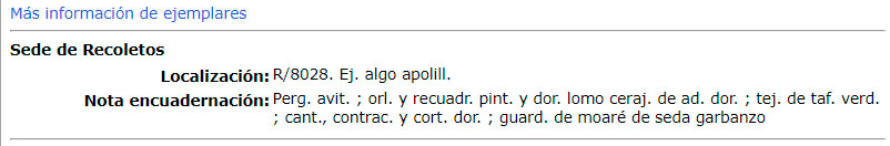 Nota de encuadernación en el catálogo de la BNE