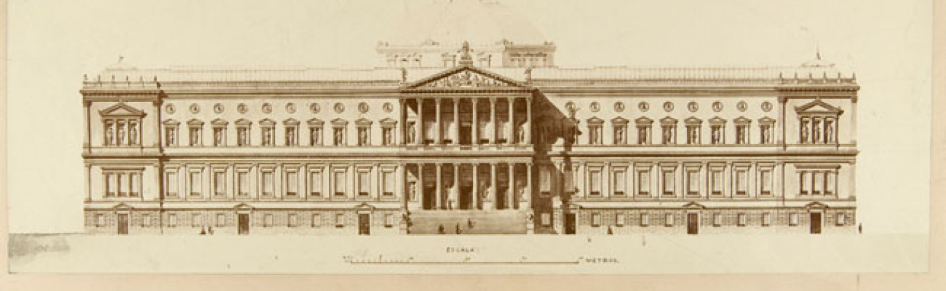 Alzado al paseo de Recoletos del proyecto de Francisco Jareño para el Palacio de Biblioteca y Museos Nacionales aprobado en 1865.Madrid, BNE. 17/186/23. Alzado al paseo de Recoletos del proyecto de Francisco Jareño para el Palacio de Biblioteca y Museos Nacionales aprobado en 1865.Madrid, BNE. 17/186/23.