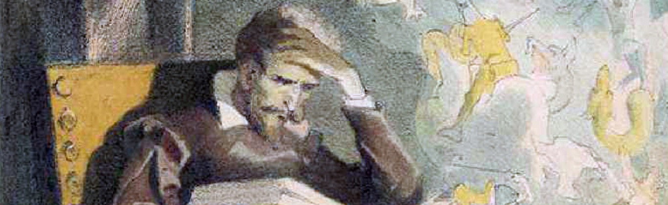 Don Quijote leyendo libros de caballería en su estudio