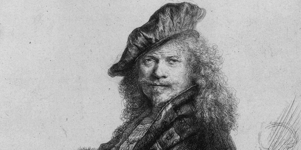 Rembrandt apoyado sobre un pretil