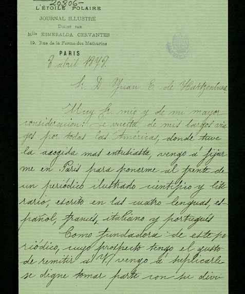 Esmeralda Cervantes, [Carta], 1878 abr. 8, París, a Juan Eugenio Hartzenbusch