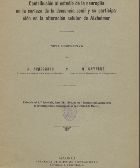 Cubierta de Contribución al estudio de la neuroglia en la corteza de la demencia senil y su participacion en la alteración celular de Alzheimer