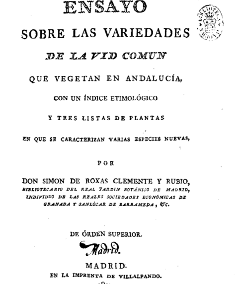 Cubierta de Ensayo sobre las variedades de la vid comun que vegetan en Andalucía (Simón de Rojas Clemente y Rubio)