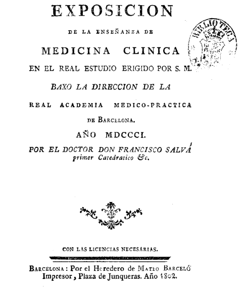 Portada Exposición de la enseñanza de Medicina clínica en el Real estudio