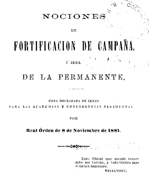 Portada de Nociones de fortificación de campaña, e idea de la permanente
