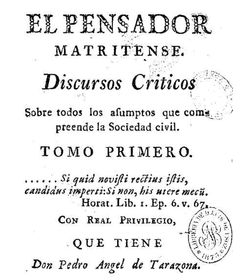 Portada El pensador matritense, Discursos Criticos sobre todos los asumptos que compreende [sic] la sociedad civil