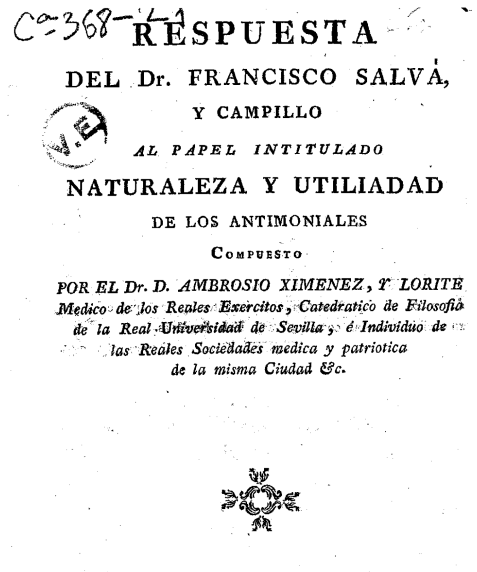 Portada Respuesta del Dr. Francisco Salvá y Campillo al papel intitulado Naturaleza y utiliadad [sic] de los antimoniales