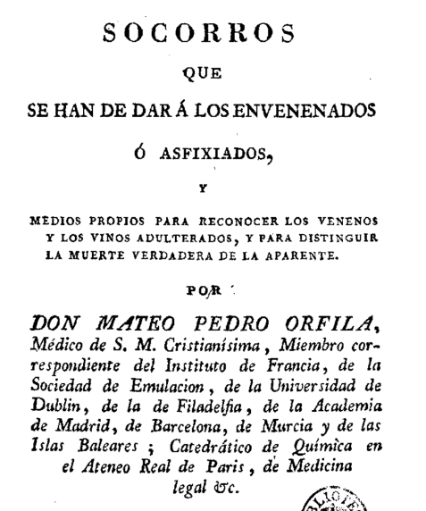 Portada de Socorros que se han de dar á los envenenados ó asfixiados, y medios propios para reconocer los venenos y los vinos adulterados, y para distinguir la muerte verdadera de la aparente