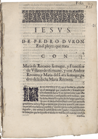 De Pedro Duron en el pleyto que trata con Maria de Recuero su muger, y Francisco de Villauerde escriuano, y con Andres Recuero, y Maria de Lara su muger, padres de la dicha Maria Recuero