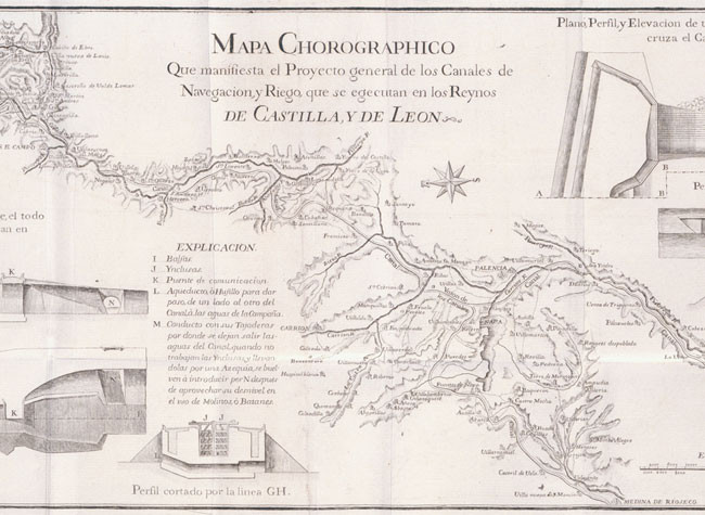 Proyecto del canal de Castilla, grabado. En John Muller, Tratado de fortificación, edición de Miguel Sánchez Taramas, 1769. Fundación Juanelo Turriano, biblioteca