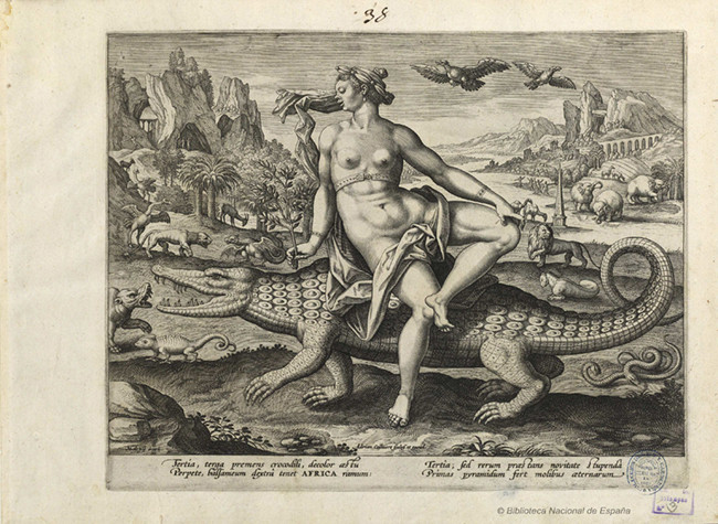 África, parte de Los cuatro continentes; Adrian Collaert a partir de Maarten de Vos, BNE, 1588-1589