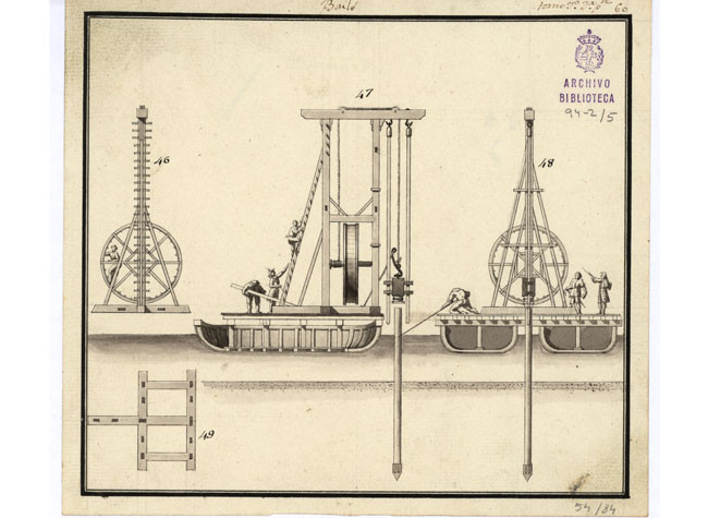 Máquina de hincar pilotes sobre dos lanchas,  dibujo, h. 1790. Real Academia de Bellas Artes de San Fernando
