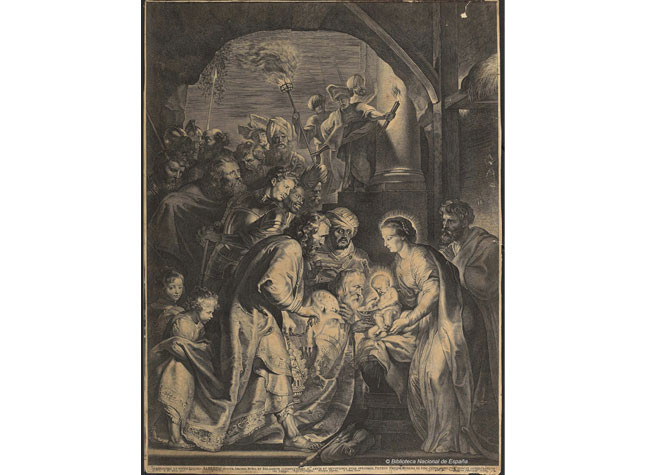 La Adoración de los Reyes con antorchas de Lucas Vorsterman (1620) BNE, Invent/2450
