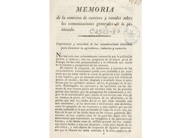 Memoria de la Comisión de Caminos y Canales sobre las comunicaciones generales de la Península, 1820. Biblioteca Nacional de España