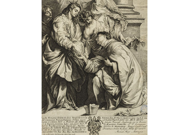 El Beato Hermano Joseph arrodillado ante la Virgen de Paulus Pontius, ca. 1630. BNE, INVENT/36407