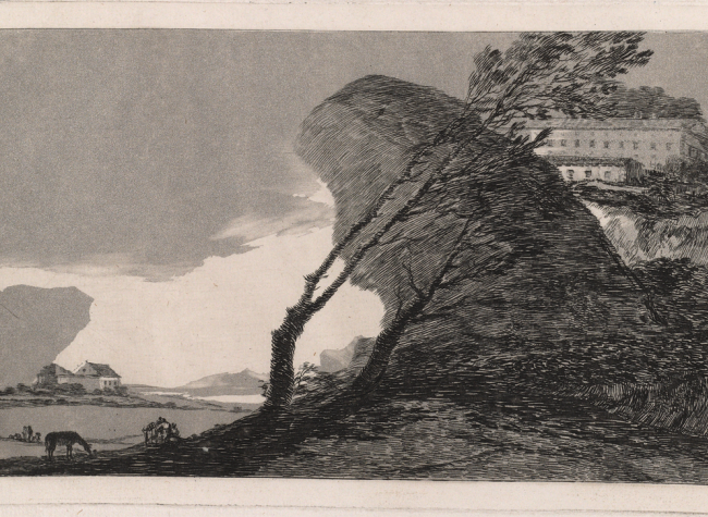 Paisaje con peñasco, edificios y árboles de Francisco de Goya