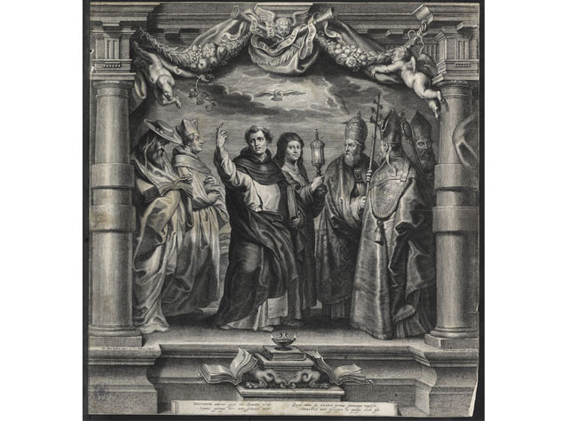 Santa Clara y los defensores de la Eucaristía de Schelte Adams Bolswert, (entre 1630 y 1652?). BNE, INVENT/42157