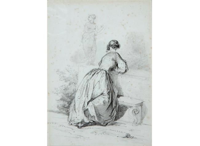 Rosario Weiss, Mujer en un jardín. Burdeos o Madrid, hacia 1833. Lápiz negro sobre papel. Colección particular, Madrid.