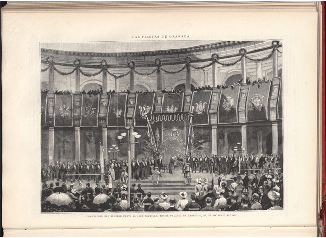 Coronación del ilustre poeta D. José Zorrilla en el palacio de Carlos V, el 22 de junio último (1889). BNE BA/13323