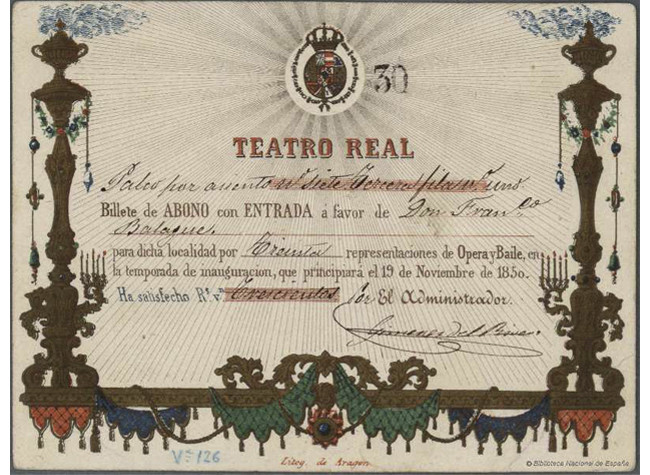 Billete de abono con entrada para el Teatro Real, 1850. INVENT/15766, BNE