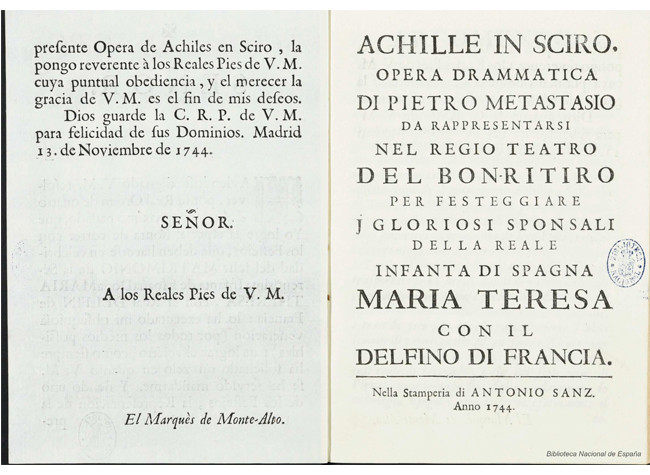 Achille in Sciro : opera drammatica.  Metastasio, Pietro 1698-1782. nella stamperia di Antonio Sanz, 1744 (T/24070)