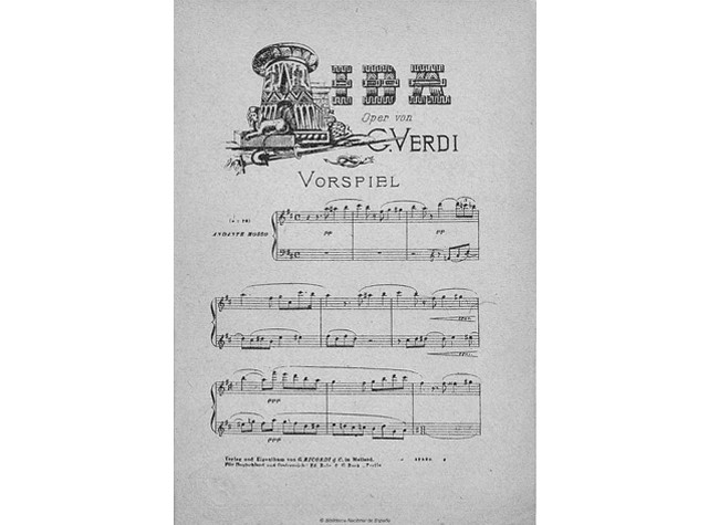Aida: Oper in vier Acten von Antonio Ghislanzoni deutsch von Julius Schanz. Partitura vocal en alemán, ca. 1888. MP/932, BNE