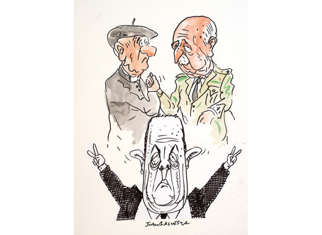 Caso Añoveros / Ballesta.—Rotulador y acuarela sobre papel.—  Alto  43 x ancho 32,5 cm.—Publicado en el dominical de Diario 16 nº 109 de 16.10.1983.