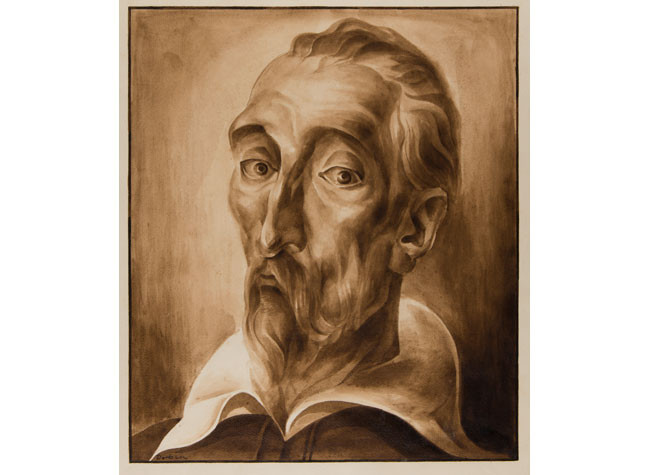 Retrato de Don Quijote. Lámina ilustrativa firmada por F. Tubau en El ingenioso hidalgo Don Quijote de la Mancha. CERV.SEDÓ/8850