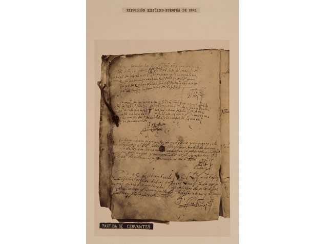 Fotografía de una página del libro parroquial de la Iglesia de Santa María de Alcázar de San Juan con la Partida de Cervantes. 17/155/49