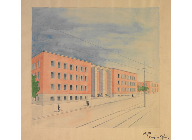 Miguel Fisac, Fachada del Consejo Superior de Investigaciones Científicas, Madrid, ca. 1950. BNE DIB/18/1/6434