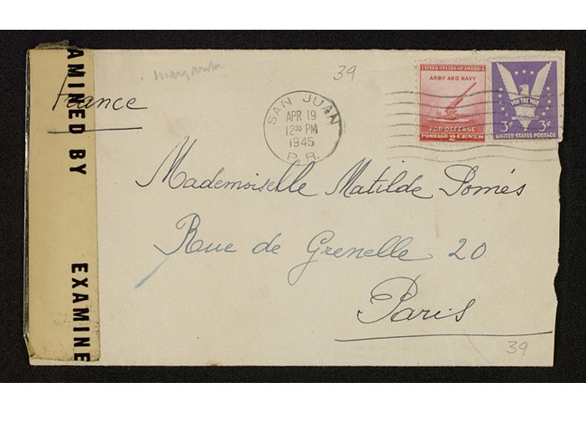 Sobre de una carta dirigida a Pomès por Pedro Salinas desde Puerto Rico.