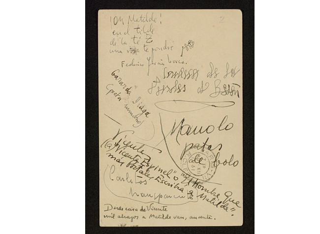 Tarjeta postal con dibujos y varias firmas. Madrid, 18 de diciembre de 1931. Colección particular.