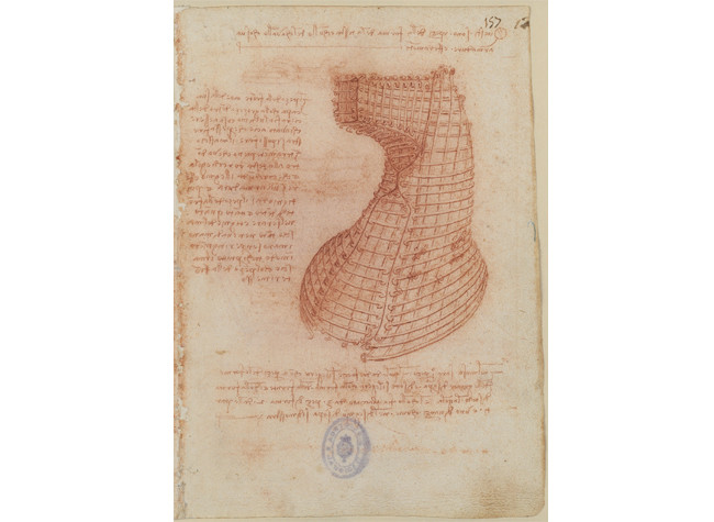 Protección metálica de la cabeza del caballo Sforza en Codex Madrid II, Leonardo da Vinci, XV-XVI. MSS/8936, BNE