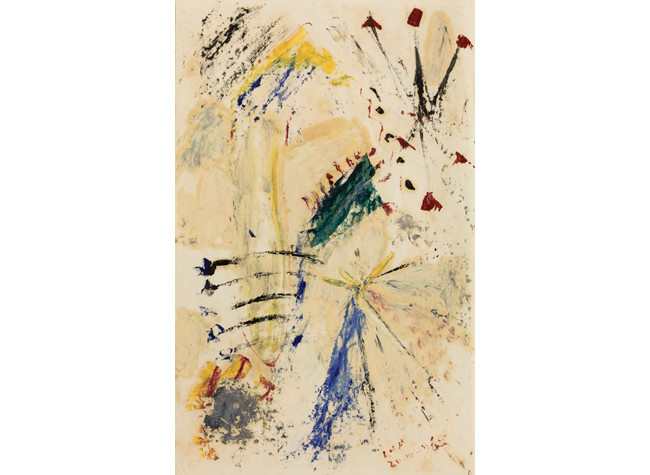 Esteban Lisa, Juego con líneas y colores, 20/10/1965. Óleo sobre papel, 35 x 22 cm. (reverso) - dibujo preparatorio a lápiz firmado y fechado 17/09/1965 ©2013 Foto Gonzalo de la Serna