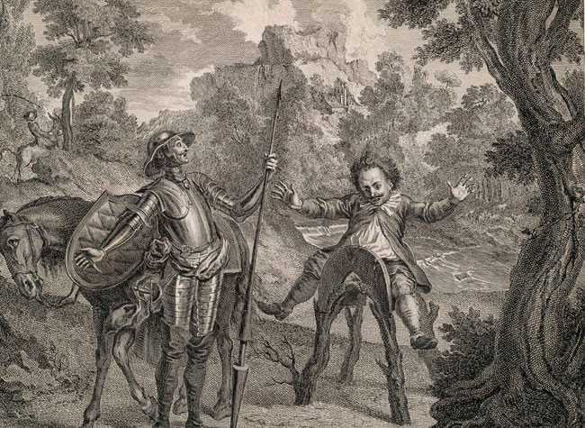Folkema Jacob (copia dibujos de Coypel). Don Quijote y Sancho descubren al amanecer que Ginés de Pasamonte les ha robado el rucio. 1744