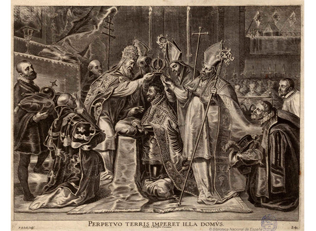 Coronación de Carlos V por Pieter de Jode (1570-1634). BNE, INVENT/15556