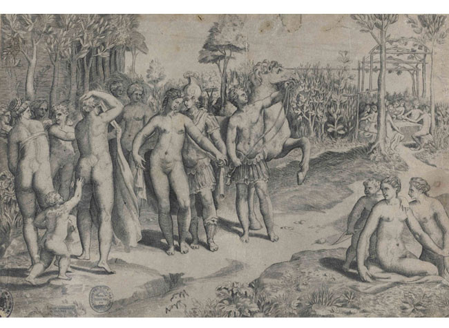 Rugiero en el jardín de Alcina de Giulio Bonasone (entre 1531 y1574?). BNE, INVENT/40910