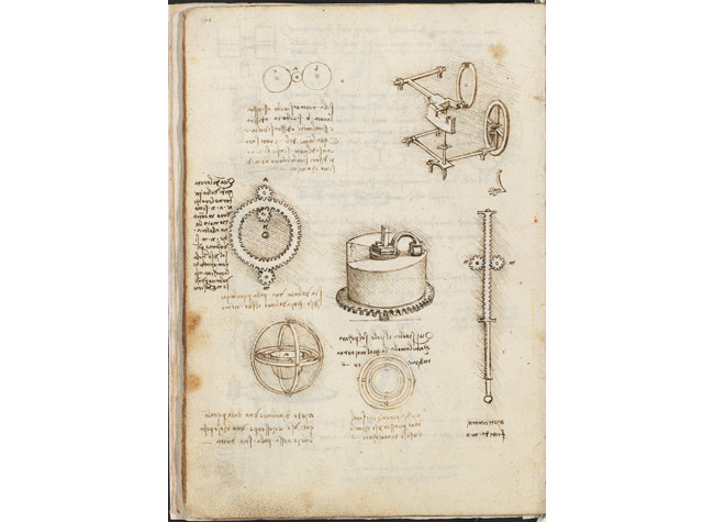 Leonardo da Vinci, Mecanismos reguladores de la velocidad de rotación de un reloj. BNE, Codex Madrid I (Mss. 8937), f. 13v.