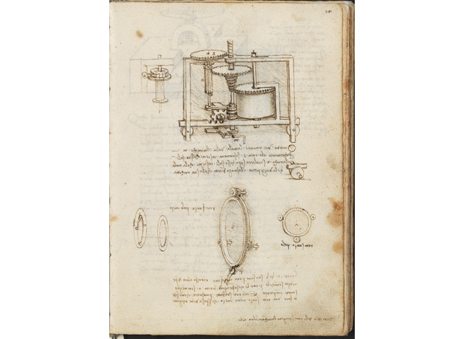 Leonardo da Vinci, Mecanismos reguladores de la velocidad de rotación de un reloj. BNE, Codex Madrid I (Mss. 8937), f. 14r.
