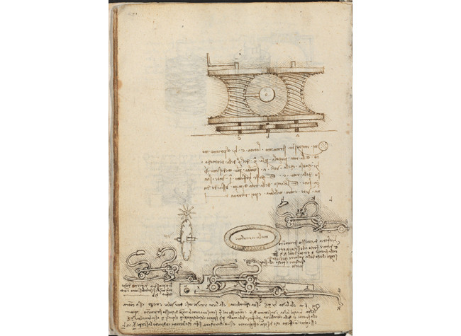 Leonardo da Vinci, Funcionamento del percutor de un arma de fuego. BNE, Codex Madrid I (Mss. 8937), f. 18v.