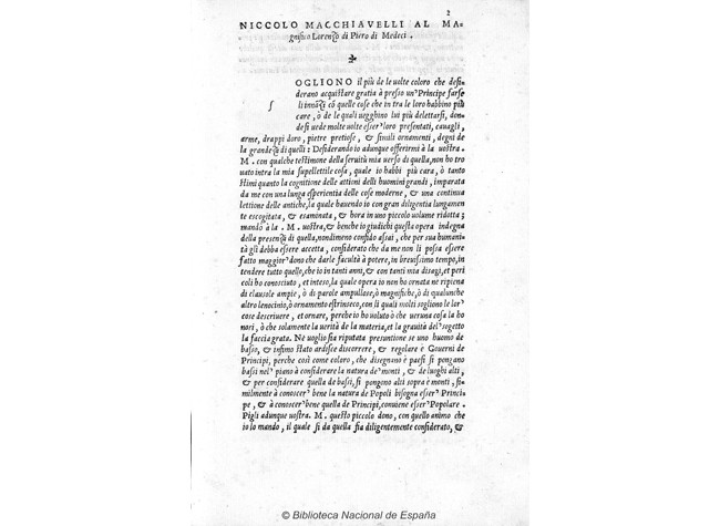 Niccolò Bernardo di Machiavelli, Il Principe di Niccholo Machiauello...  1532. BNE,  3/19633(3)