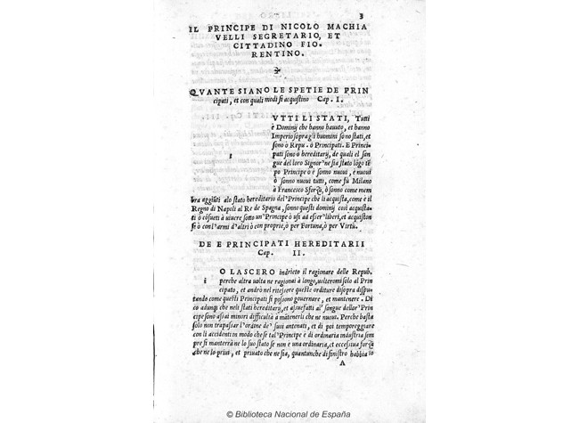 Niccolò Bernardo di Machiavelli, Il Principe di Niccholo Machiauello...  1532. BNE,  3/19633(3)