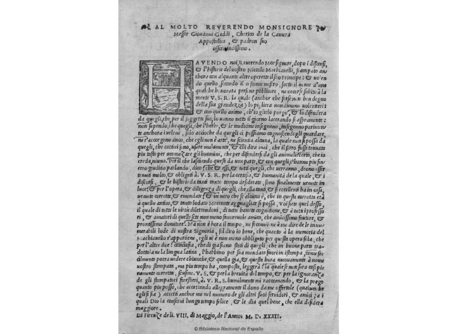 Niccolò Bernardo di Machiavelli,  Il Principe di Niccolo Machiauelli al Magnifico Lorenzo di Piero de Medici... 1551. BNE,  R/17609