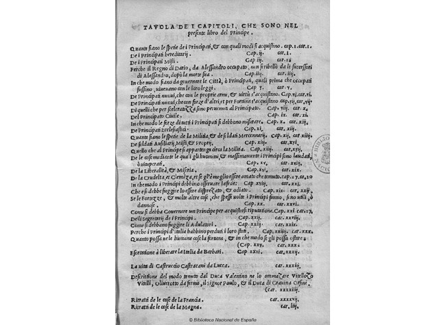 Niccolò Bernardo di Machiavelli,  Il Principe di Niccolo Machiauelli al Magnifico Lorenzo di Piero de Medici... 1551. BNE,  R/17609