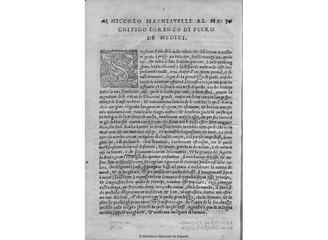 Niccolò Bernardo di Machiavelli,  Il Principe di Niccolo Machiauelli al Magnifico Lorenzo di Piero de Medici... 1551. BNE,  R/17609
