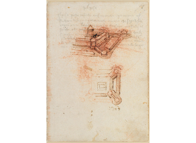 Leonardo da Vinci, Planta parcial de una fortaleza. BNE, Codex Madrid II (Mss. 8936), f. 79r.